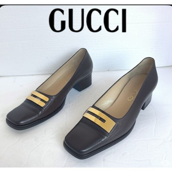 Vintage Gucci Brown Leather Square Toe Gold Plate  Block Low Heel Pumps 6C Wide - Picture 1 of 12